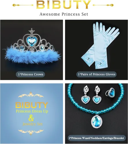 Vista 3 de Accesorios de disfraz de princesa, guantes de princesa, BIBUTY juego de 7 piezas para niñas pequeñas con corona de princesa, varita, guantes
