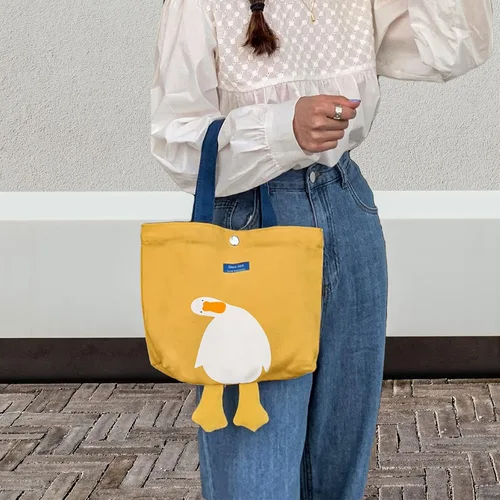 Vista 7 de Bonita bolsa de lona para mujer, bolsa de tela de algodón reutilizable para el almuerzo, compras y playa (pato amarillo de transporte a mano)