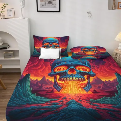 Vista 3 de Juego de sábanas de calavera tamaño individual, sábanas de microfibra suave con bolsillo profundo, sábanas y fundas de almohada estampadas sin