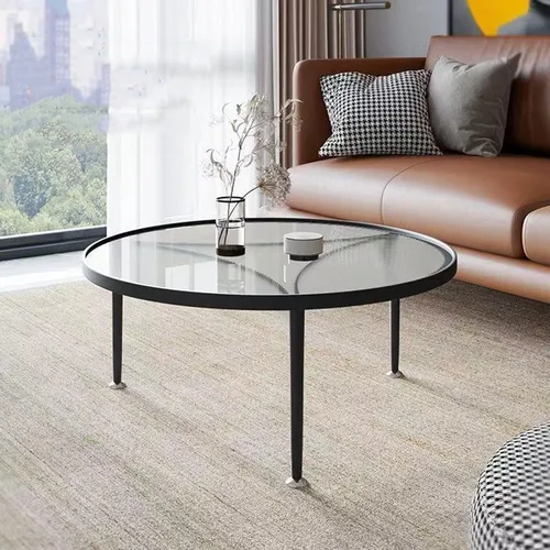 Vista 7 de Furniture Coffee Table - with Inset Tempered Glass Top and Metal Frame & Legs - Low Circle Minimalist Center Table Home Decor, Tea/Sofa/End Round