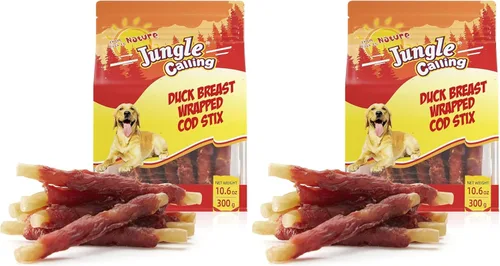 Vista 12 de Jungle Calling 35 golosinas para perros sin cuero crudo, palitos de bacalao envueltos en pollo de 4.5 pulgadas para perros, masticables de larga