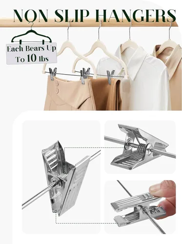 Vista 6 de Cozymood Perchas de terciopelo para faldas, paquete de 24 perchas de terciopelo con clips, perchas de terciopelo ultra finas antideslizantes
