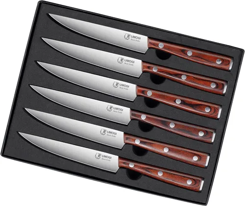 Juego de 6 cuchillos de carne de alta calidad en caja de regalo, mango de madera pulida, acero inoxidable alemán HC, borde recto, no dentado,
