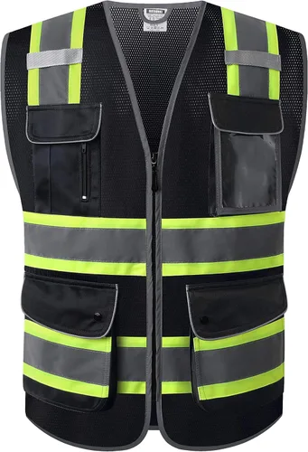 Vista 6 de Chalecos de seguridad reflectantes clase 2 retro con 9 bolsillos y cremallera frontal ANSI/ISEA 107-2015 (Negro-03, S)