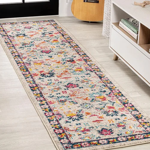 JONATHAN Y - Alfombra de pasillo moderna estilo bohemio con flores en beige/multicolor, 2x8, estilo bohemio, vintage, fácil limpieza para sala de
