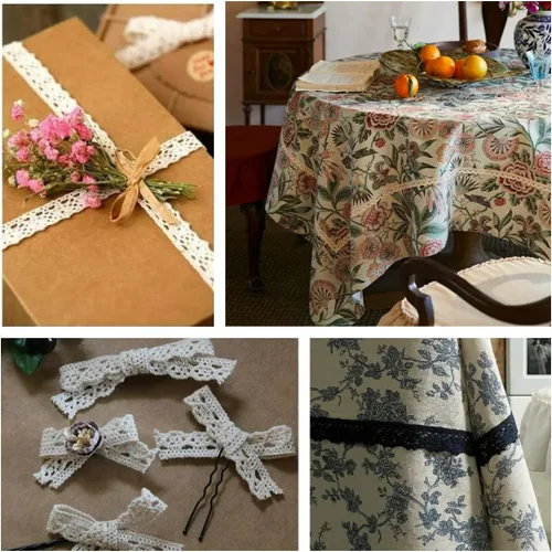 Vista 5 de Cinta de Encaje Beige de 30 Yardas, Ribete de Encaje de Ganchillo de Algodón para Costura, Manualidades, Envoltura de Paquetes de Regalo, Decoración
