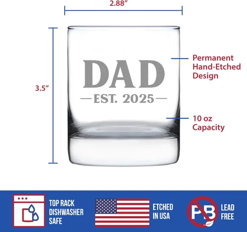 Vista 5 de Custom Dad Est 20XX - New Father Whiskey Rocks Glass Gift for First Time Parents - Personalized Bold 10.25 Oz Glasses