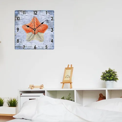 Vista 6 de Reloj rústico de 10 x 10 pulgadas para pared, mar, costero, océano, con estrellas de mar, reloj de PVC para pared, vintage, azul, grano de madera