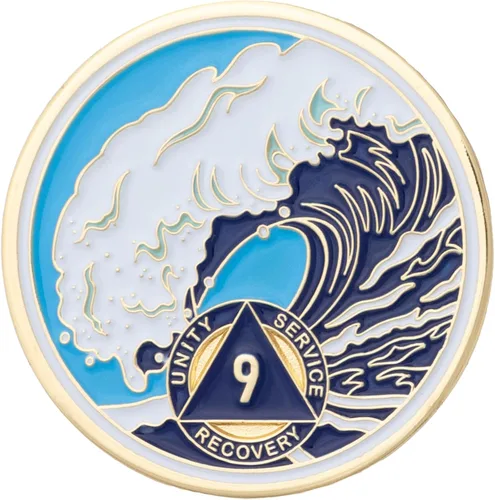 Vista 58 de Moneda AA de 1 año – Medallón de recuperación de ondas estrelladas de Sobriety Mint – azul/blanco/dorado
