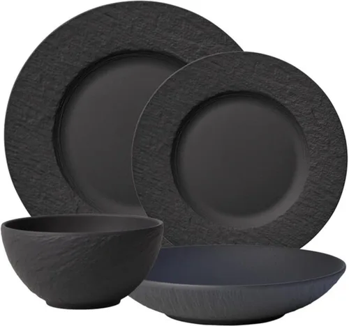Villeroy & Boch Manufacture Rock - Juego de 4 lugares, plato de cena, plato de ensalada, cuenco de arroz, cuenco para pasta, porcelana premium, Negro