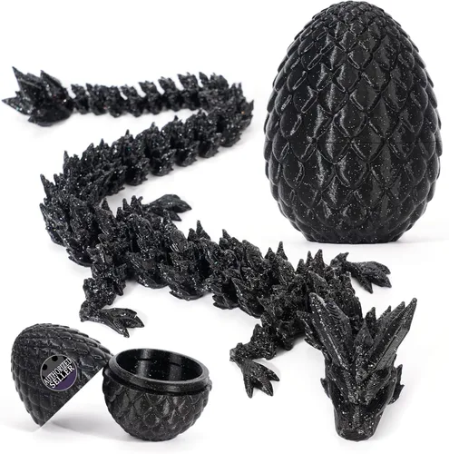 Huevo de dragón impreso en 3D, juguetes de dragón de cristal misterioso con sorpresa, huevos de Pascua articulados de dragón de cristal (Negro