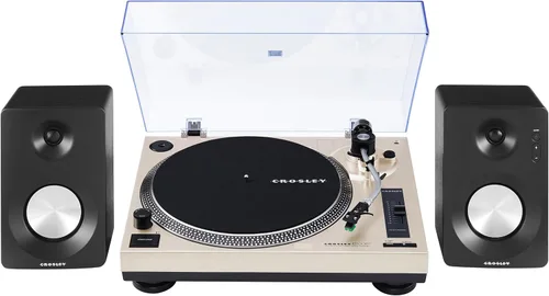 Crosley KT100BT-CP - Sistema estéreo de tocadiscos Bluetooth con altavoces, champán
