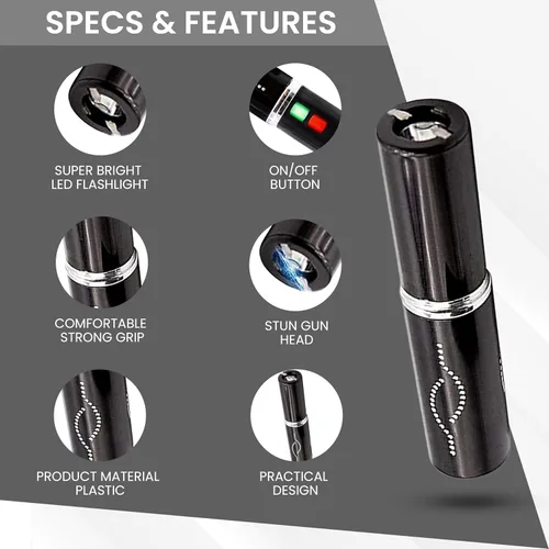 Vista 3 de Pistola aturdidora de lápiz labial para mujer, protección personal compacta y recargable, salida de energía de 1.2 µC con linterna LED, pistola