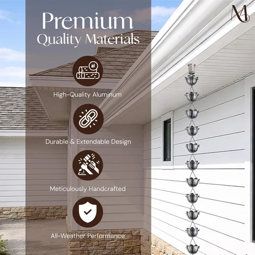 Vista 3 de Monarch Rain Chains Cadenas de lluvia de estaño de loto de aluminio para canaletas – Cadena de lluvia decorativa de peltre de 8.5 pies