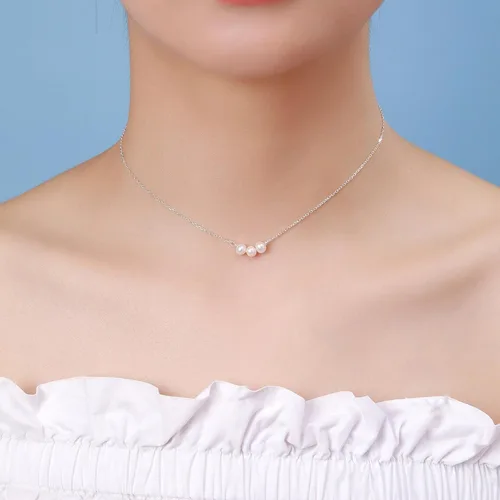 Vista 3 de Collner Delicado collar de perlas chapado en oro de 14 quilates, bonito collar de perlas individuales elegante gargantilla de perlas pequeñas