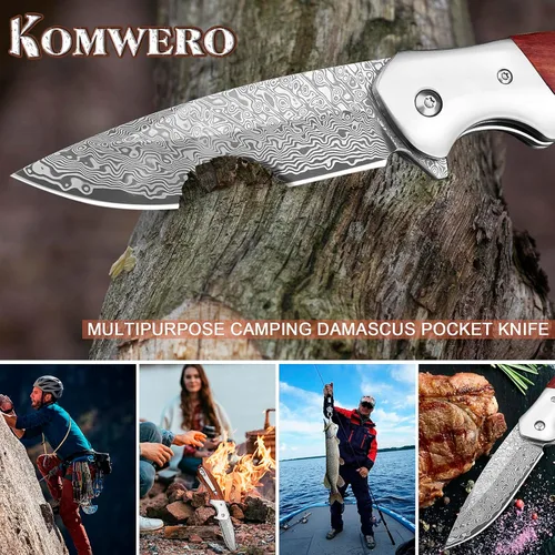 Vista 6 de KOMWERO Cuchillo de bolsillo de Damasco, cuchillo afilado de acero de damasco con núcleo VG10 de hoja de acero mango de madera, cuchillo plegable
