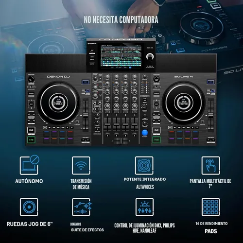 Vista 2 de Denon DJ SC LIVE 4 Controlador de DJ independiente con separación de Stem en 4 plataformas, transmisión Wi-Fi, altavoces incorporados, compatible