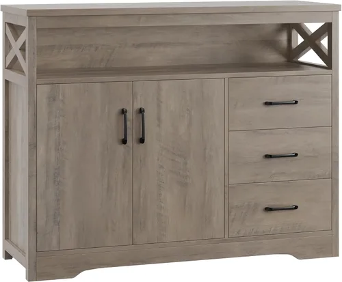 Vista 7 de HOSTACK Aparador moderno de granja, gabinete de almacenamiento de bufé de cocina con cajones y estantes, barra de café de madera con almacenamiento