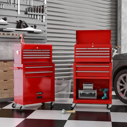 Vista 4 de Caja de herramientas con ruedas de 8 cajones, armario de almacenamiento de herramientas de alta capacidad y carrito de herramientas, baúl de Rojo