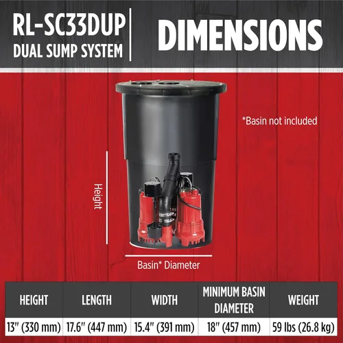 Vista 2 de Red Lion RL-SC33DUP 14942771 Sistema de bomba de sumidero de hierro fundido automático dual de 115 voltios, 1/3 HP, 6000 GPH con cable de 10 pies