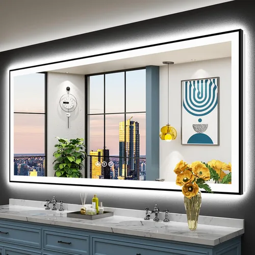 Vista 56 de Espejo de baño LED de 48 x 30 pulgadas con luces, retroiluminado + frontal iluminado, espejo de tocador con luz antiniebla para pared de baño con 3