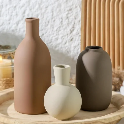 Juego de 3 jarrones de cerámica, decoración moderna neutral rústica de granja para el hogar, cerámica Pampas para decoración de sala de estar, mesa,