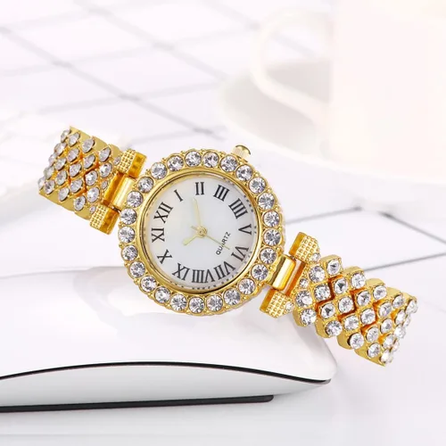 Vista 3 de SENRUD Reloj de pulsera analógico de cuarzo con diamantes de cristal de cuarzo para mujer, Dorado, blanco, Moda