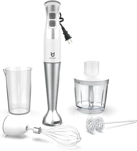 Batidora de inmersión manual, UTALENT 5 en 1 de 8 velocidades con picadora de alimentos de 500 ml, recipiente de 600 ml, espumador de leche, batidor