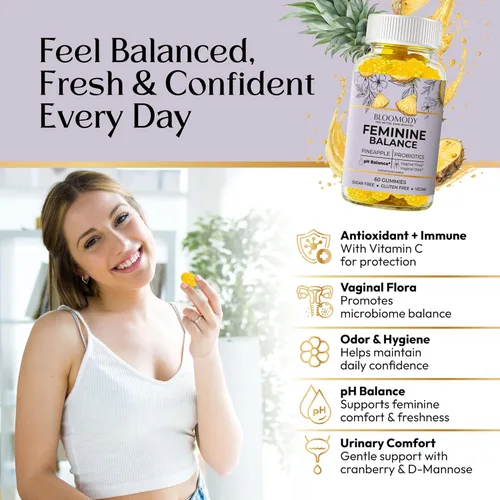 Vista 2 de Gomitas probióticas de equilibrio femenino para mujeres, suplemento de equilibrio de pH y salud vaginal con vitamina C de arándano, gomitas