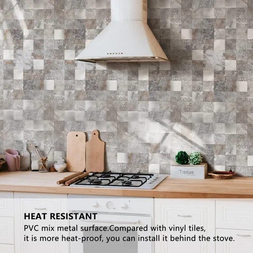 Vista 3 de STICKGOO - Salpicadero adhesivo para cocina, azulejo de salpicadero de PVC con mezcla de metal para cocina, despegar y pegar (10 láminas, gris)