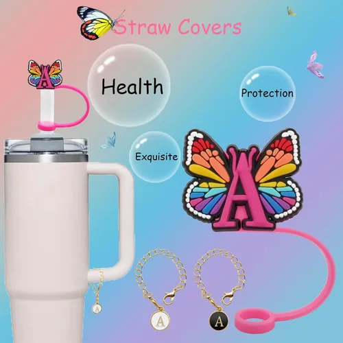 Vista 2 de Stanley - Juego de accesorios – 3 fundas para pajilla, 3 calcomanías de toalla con dije de letras para vaso Stanley de 40/30 onzas