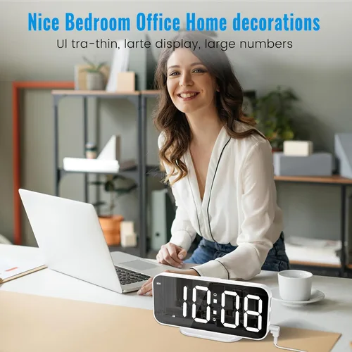 Vista 6 de Alarm Clocks for Bedrooms, Slim LED Mirror Digital Alarm Clock, Large Display with Diming Mode, Dual Alarms & USB Ports, 4 Levels Brightness, Desk