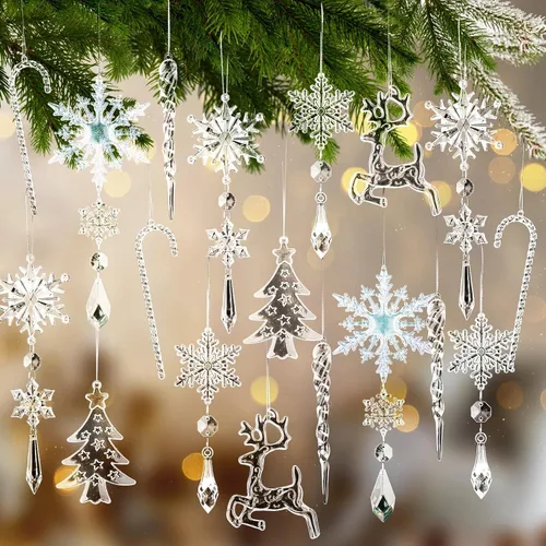 Geegoods 18 adornos de Navidad, copos de nieve, decoraciones colgantes de cristal acrílico de Navidad, decoraciones de cristal de carámbano,