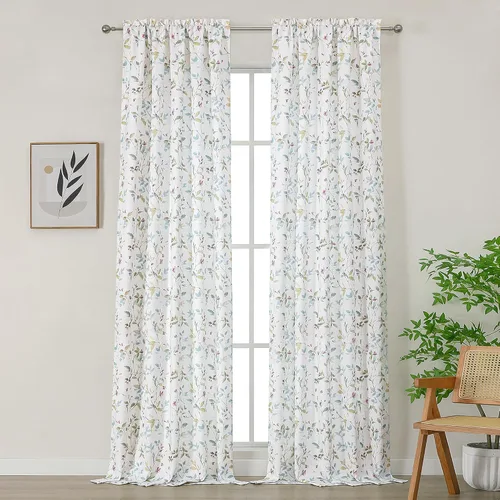 Vista 22 de Chyhomenyc Cortinas de mezcla de lino de 63 pulgadas de largo, 2 paneles de cortina con estampado floral filtrante de luz para sala de estar Negro