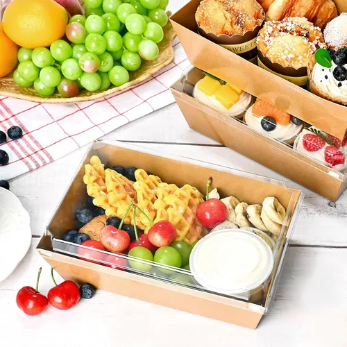 Vista 5 de Ocmoiy Cajas de Charcutería de Papel de 8 x 6 Pulgadas con Tapas Transparentes, Paquete de 20 Contenedores de Papel Desechables para Llevar Marrón