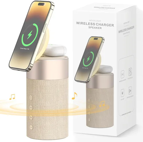 Vista 7 de COLSUR Altavoz Bluetooth, cargador inalámbrico magnético, altavoces Bluetooth con luz nocturna, estación de carga inalámbrica 2 en 1 para iPhone