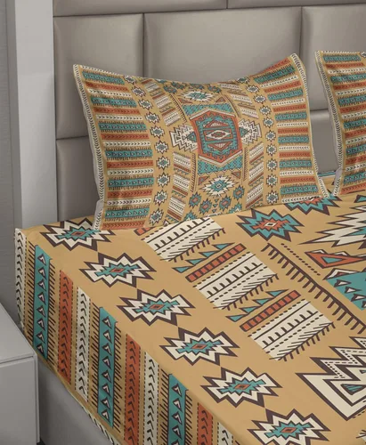 Vista 2 de Ambesonne Tribal Sheet Set, Secret Tribe Pattern in Bohemian Style, Fitted and Flat Sheet with Pillowcases Bedding Accent 4 Piece Set, Queen