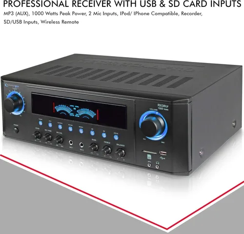 Vista 2 de Receptor estéreo profesional para el hogar con entradas USB y tarjeta SD, MP3 (AUX), 1000 vatios, 2 entradas de micrófono, grabadora, control remoto