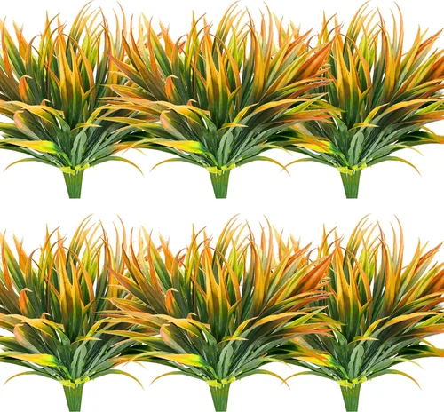 Vista 25 de 8 piezas flores artificiales de otoño para decoración al aire libre, plantas artificiales de otoño para exteriores, hierba amarilla artificial