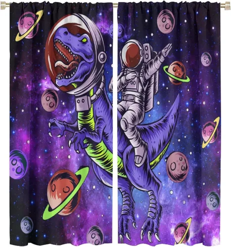 Vista 35 de Cortinas opacas de espacio exterior negro y blanco para dormitorio de niños, cortinas de ventana de planeta cósmico de dibujos animados, diseño