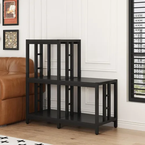 Vista 3 de Mini soporte para refrigerador con almacenamiento, gabinete negro para barra de café con espacio para mini refrigerador, soporte para microondas