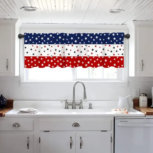 Vista 4 de Cenefas de cortina de granja para el Día de la Independencia Rojo Blanco Azul Cenefas de cocina 4 de julio con bolsillo para barra Cortinas cortas