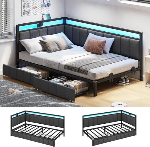 Hasuit Marco de cama esquinero con cajones de almacenamiento, sofá cama individual con valla tapizada de tela de línea, unidad de cama para niños