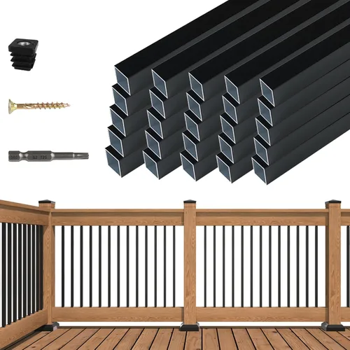 Muzata Paquete de 25 unidades de balaustres de aluminio de 26" x 3/4" para barandilla de terraza cuadrados, balaustres huecos negros con tornillos