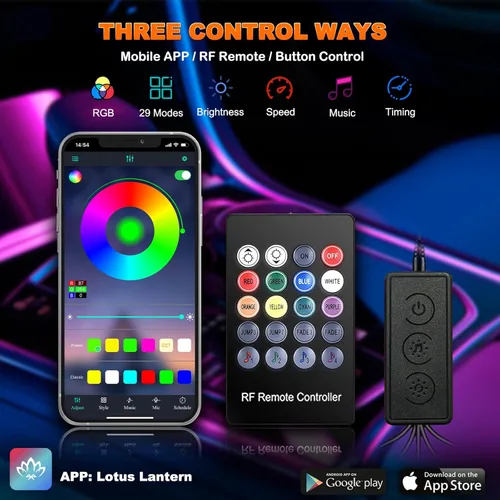 Vista 3 de Jushope - Luces LED para automóvil, luces interiores con control inalámbrico por aplicación/control remoto RF/botón, kit de iluminación ambiental