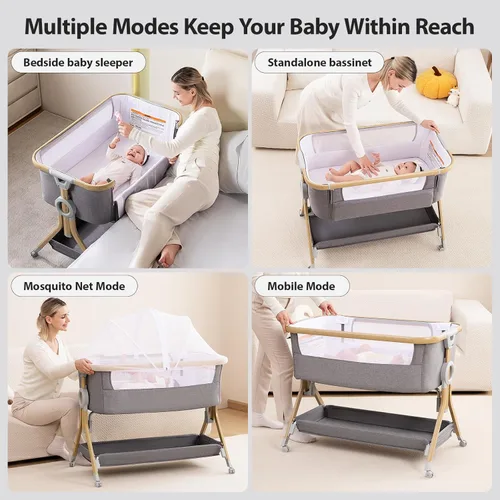 Vista 2 de Larex Cuna para bebé con mosquitera, bolsa de almacenamiento y canasta, 5 alturas ajustables, ruedas móviles, colchón transpirable y malla