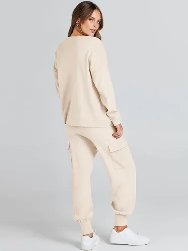 Vista 4 de Caracilia Conjunto de dos piezas para mujer, suéter de punto de manga larga y pantalones deportivos tipo cargo