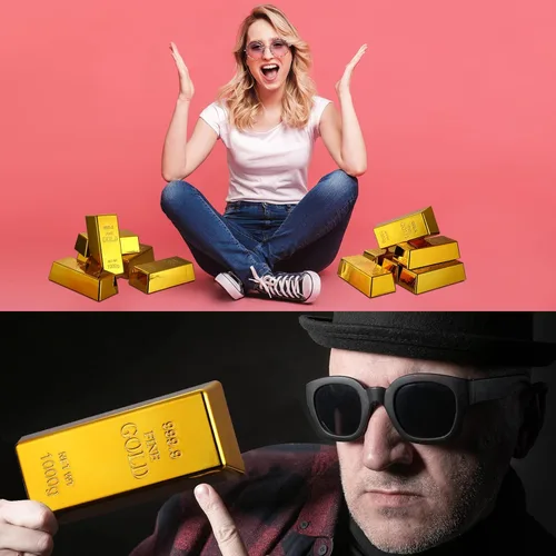 Vista 6 de HyDren 6 piezas de barras de oro falsas, réplica de lingotes de ladrillo brillante reluciente, accesorio de película para decoración de escenario