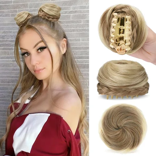Vista 13 de SOFEIYAN 2 piezas de clip de pinza mini en extensiones de moño de cabello con orejas de gato desordenadas, accesorio de peluca de dona sintética