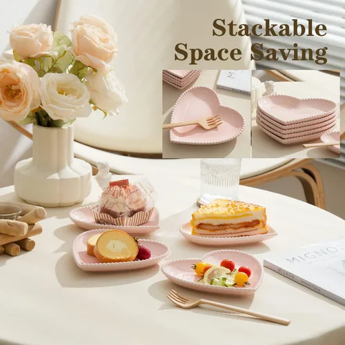 Vista 3 de Juego de 10 platos de porcelana de 6.3 pulgadas, platos llanos pequeños en forma de corazón, platos de ensalada de postre para pasteles, aperitivos